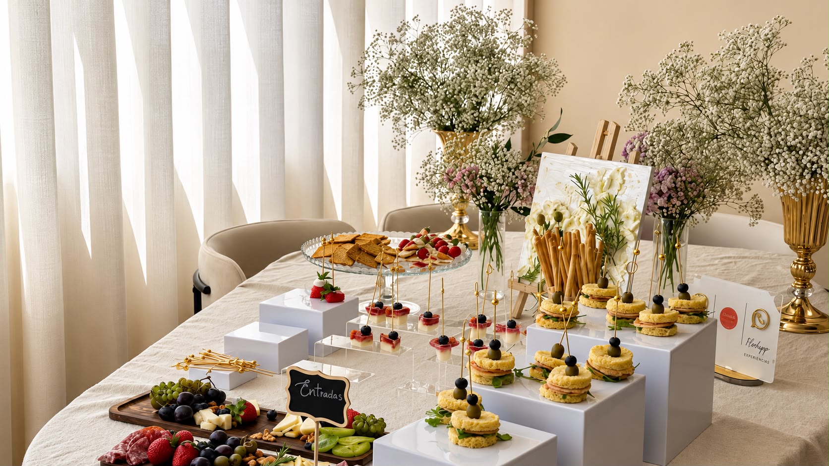 Mesa de coffee break com entradas, fruta e flores preparada pela Flor & Pão
